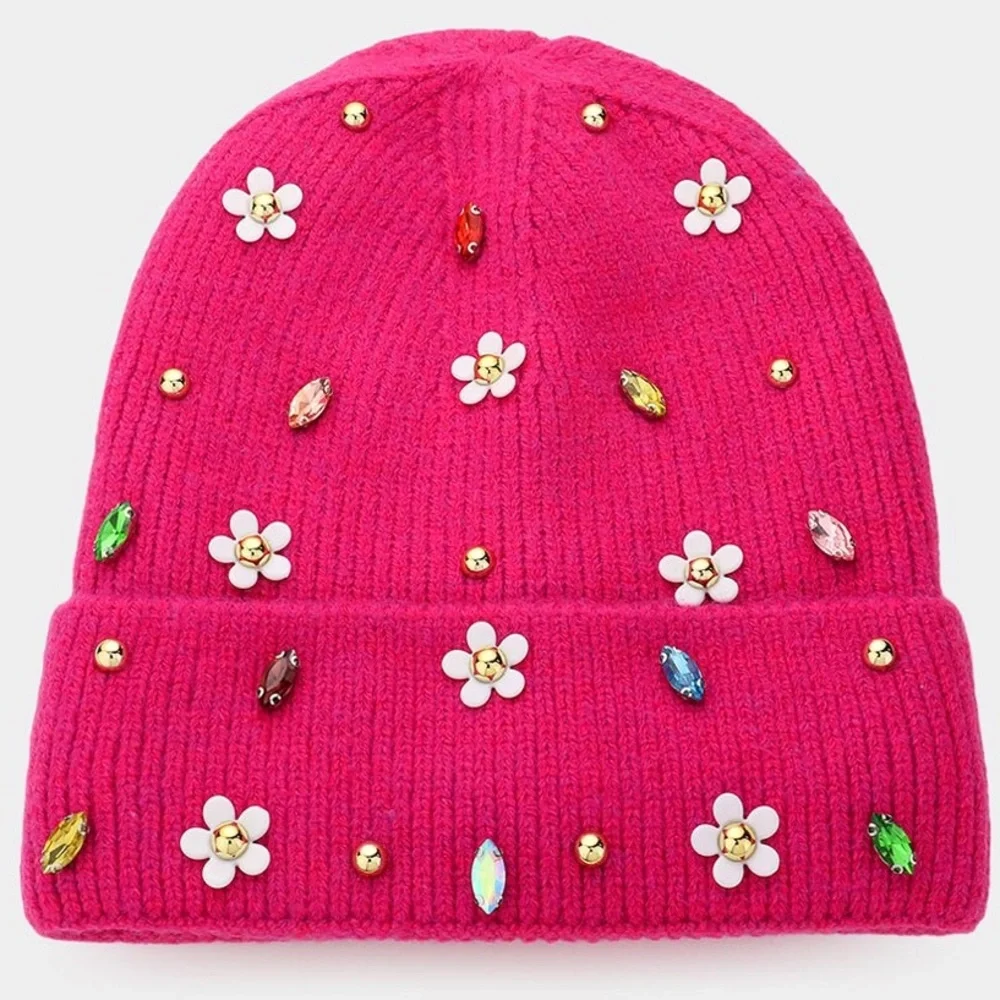 Rhinestone & Daisy Jewel Embellished Fleece Lining Knit Beanie Hat